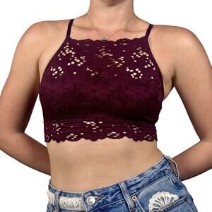 Aerie Lace Unlined Halter Bralette Burgundy Maroon Floral Racerback Small